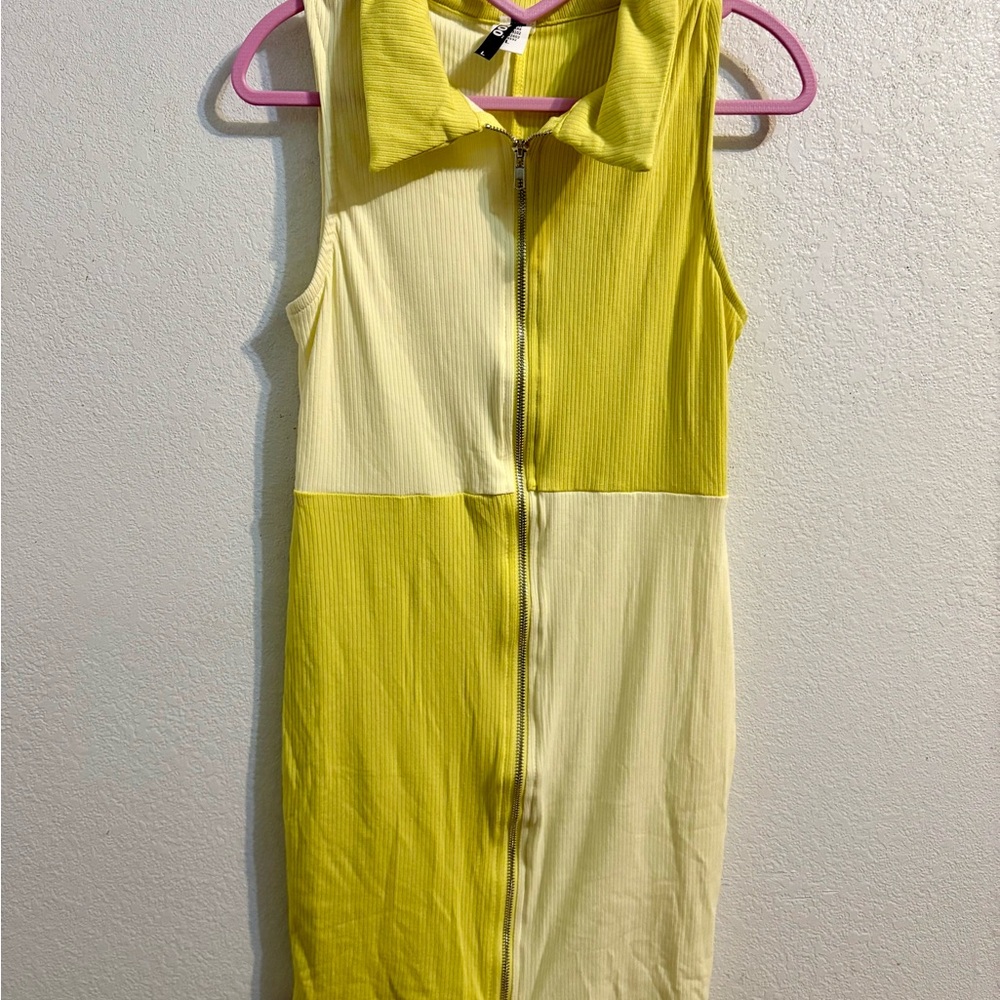 Vibrant Yellow Lime Sleeveless Dress with Zip Front Large